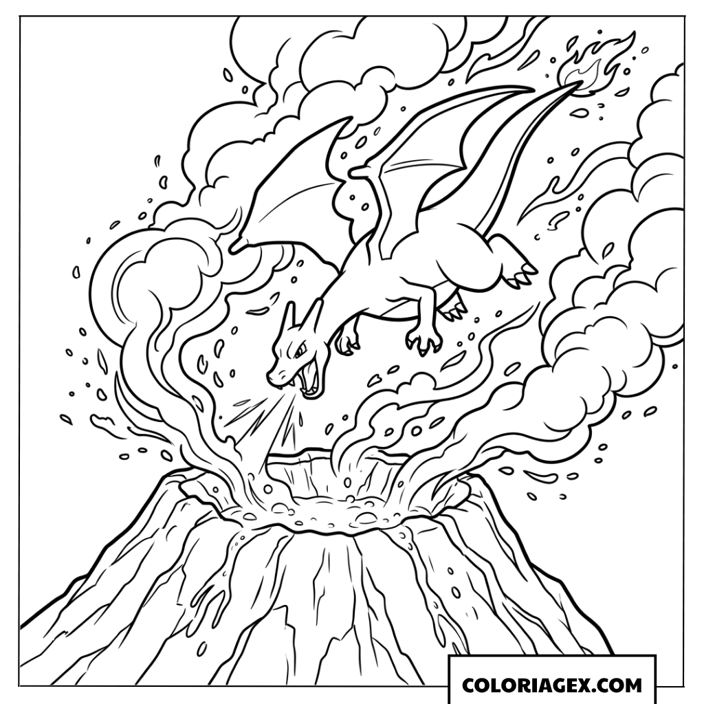 Coloriage Charizard volant au-dessus d'un volcan en éruption