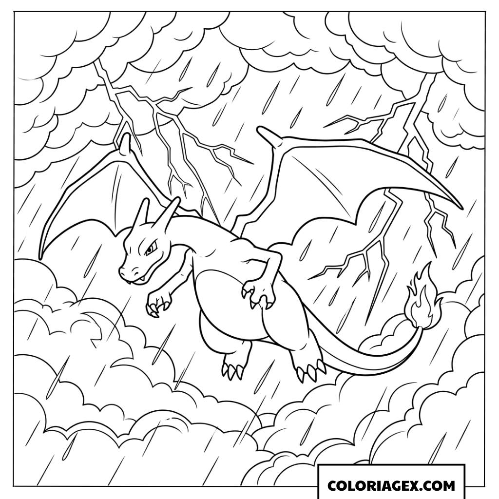 Coloriage Charizard volant dans une tempête de foudre
