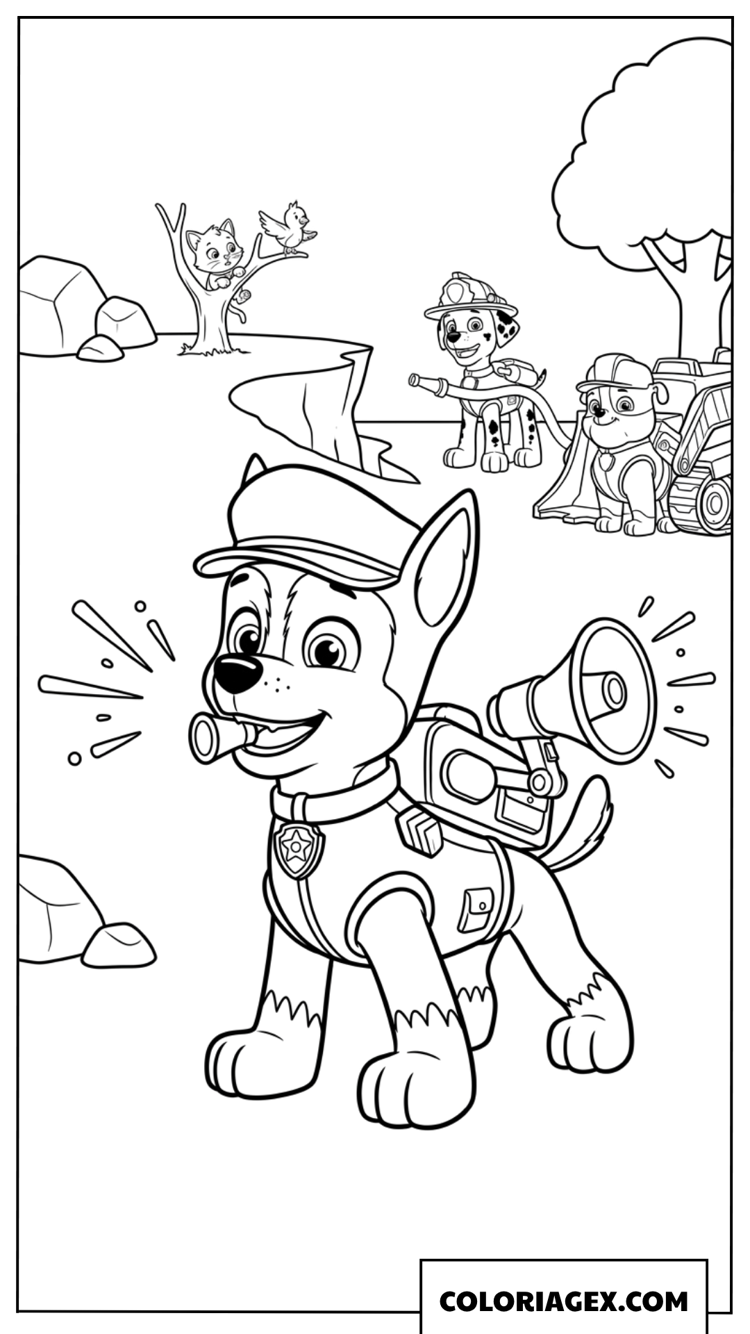 Coloriage Chase Paw Patrol donnant des instructions de sauvetage