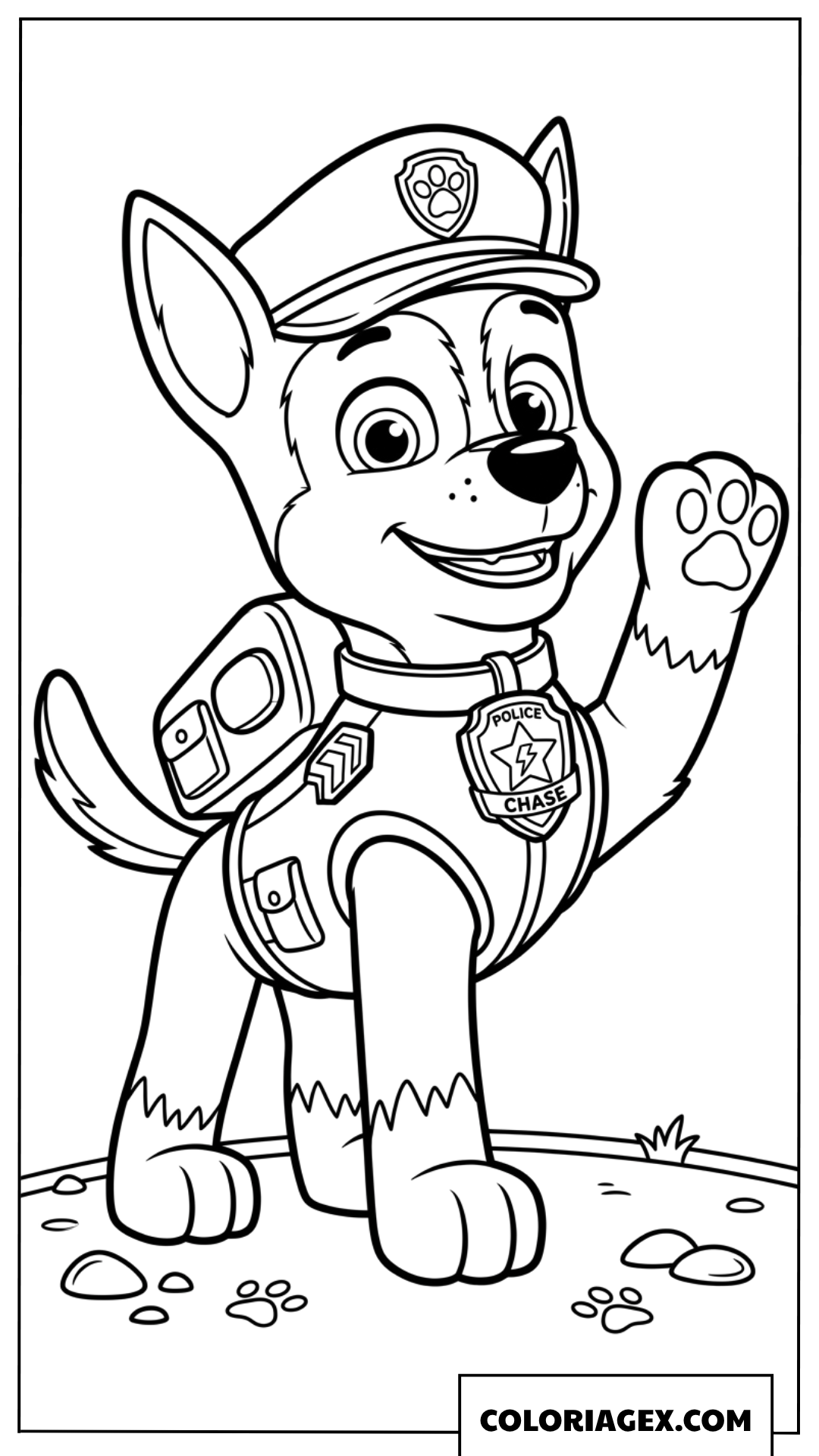 Coloriage Chase Paw Patrol fait un signe de la main avec badge