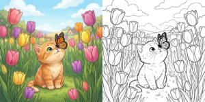 ft - Coloriage Chat et Fleurs ft