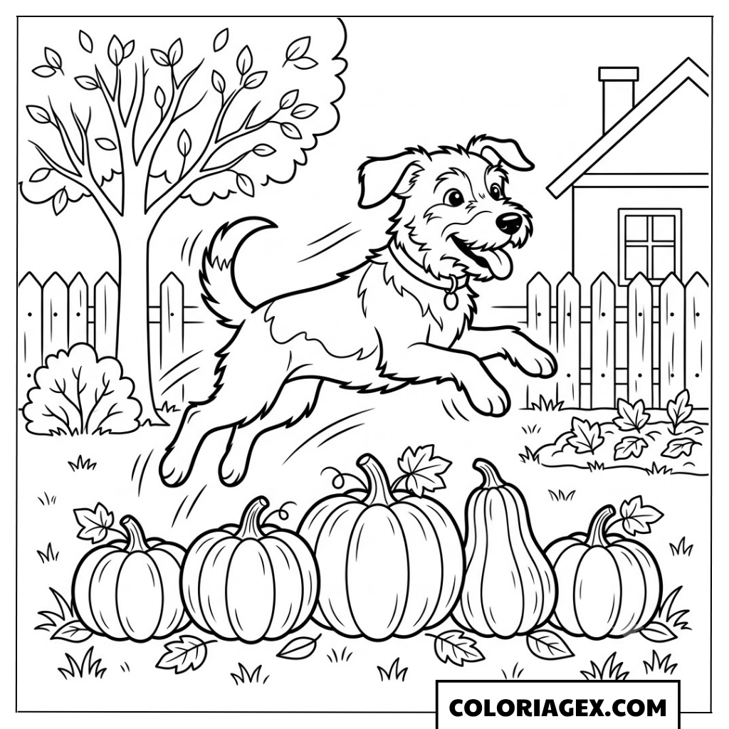 Coloriage Chien qui court parmi les Citrouilles