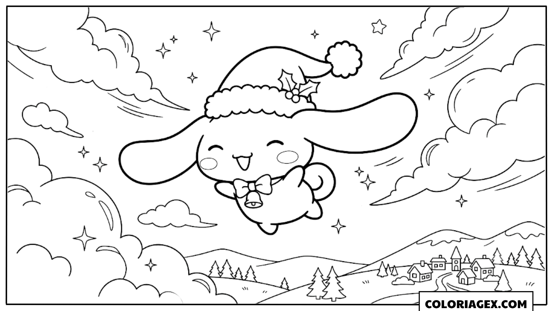 Coloriage Cinnamoroll Volant dans le Ciel de Noël