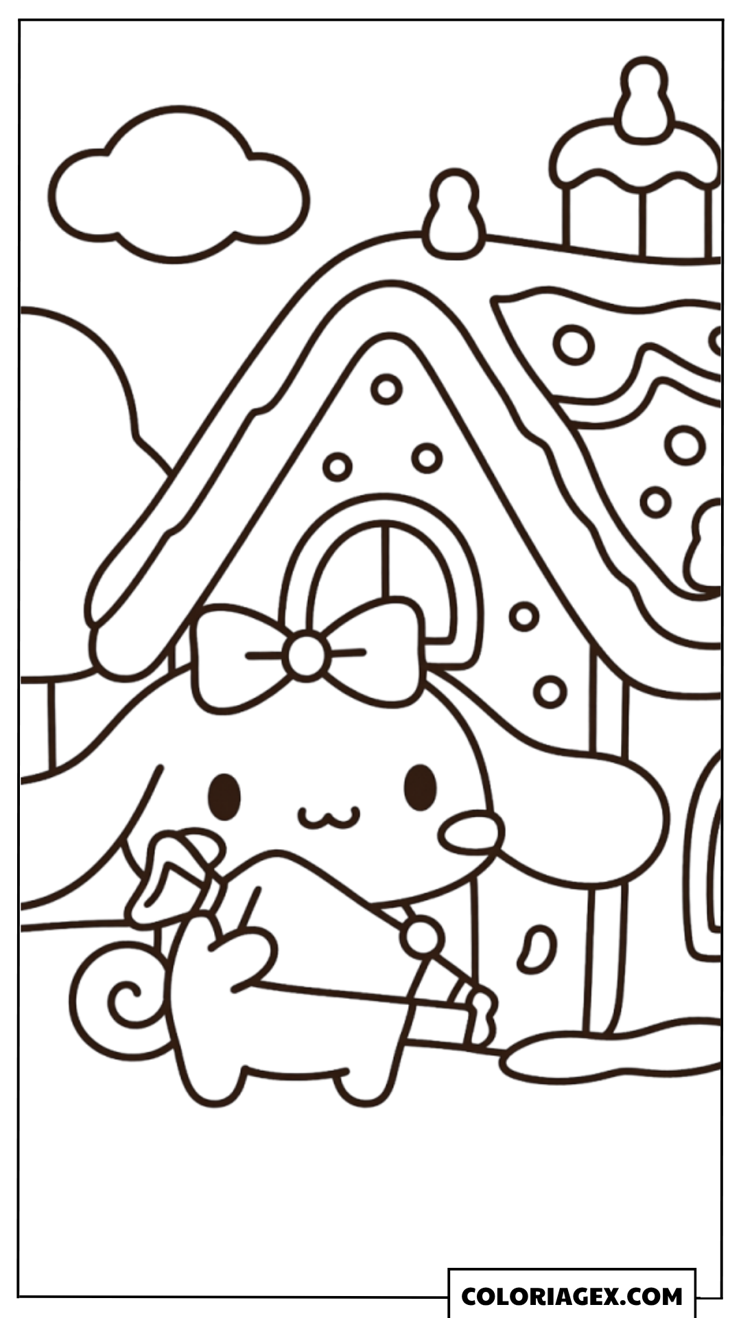 Coloriage Cinnamoroll devant Maison en Pain d’Épice