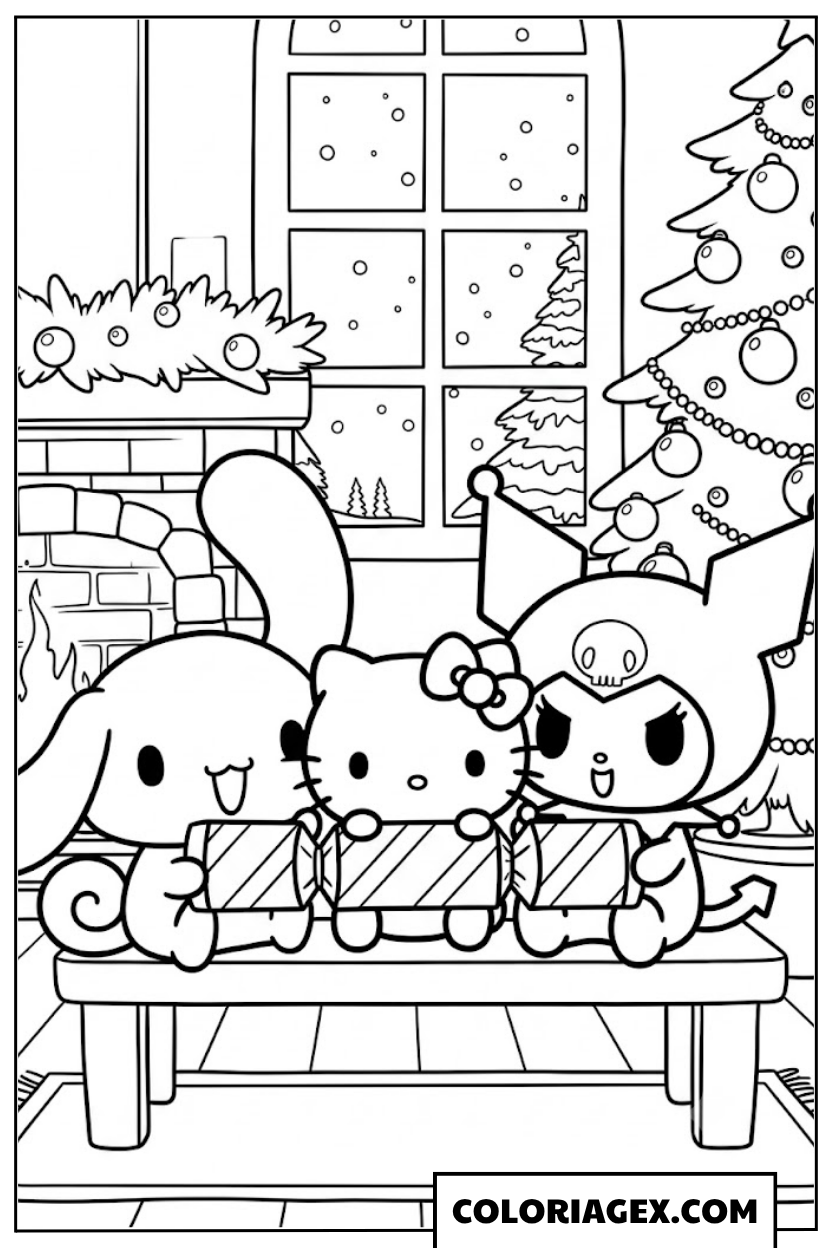 Coloriage Cinnamoroll et Amis près de la Cheminée