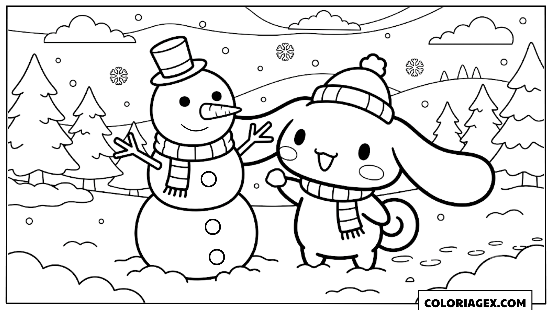 Coloriage Cinnamoroll et Bonhomme de Neige