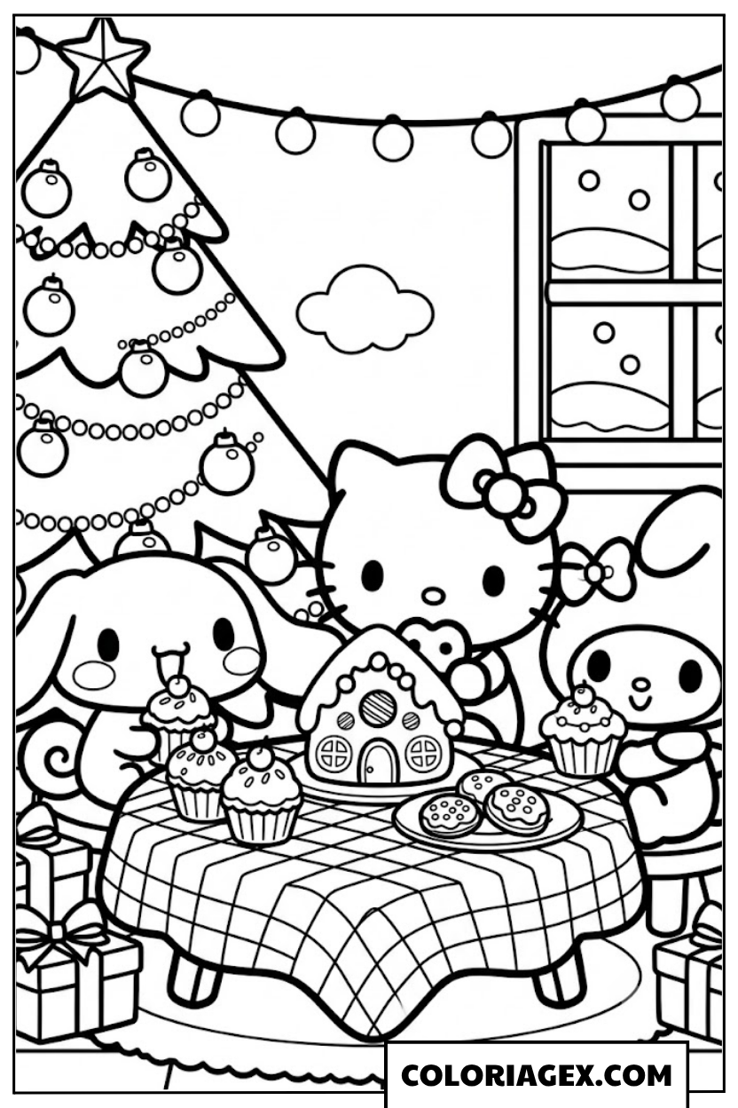 Coloriage Cinnamoroll et Famille à Table de Noël