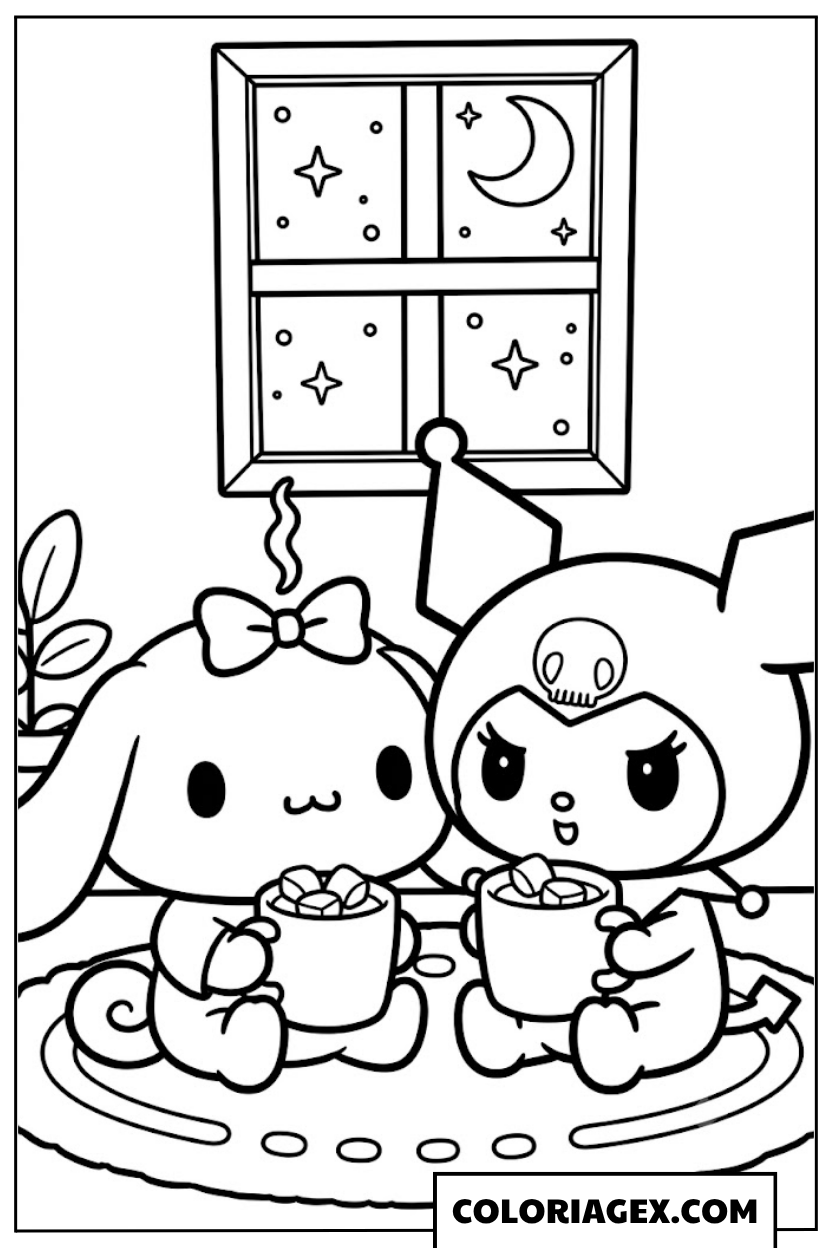 Coloriage Cinnamoroll et Kuromi Boivent du Chocolat Chaud