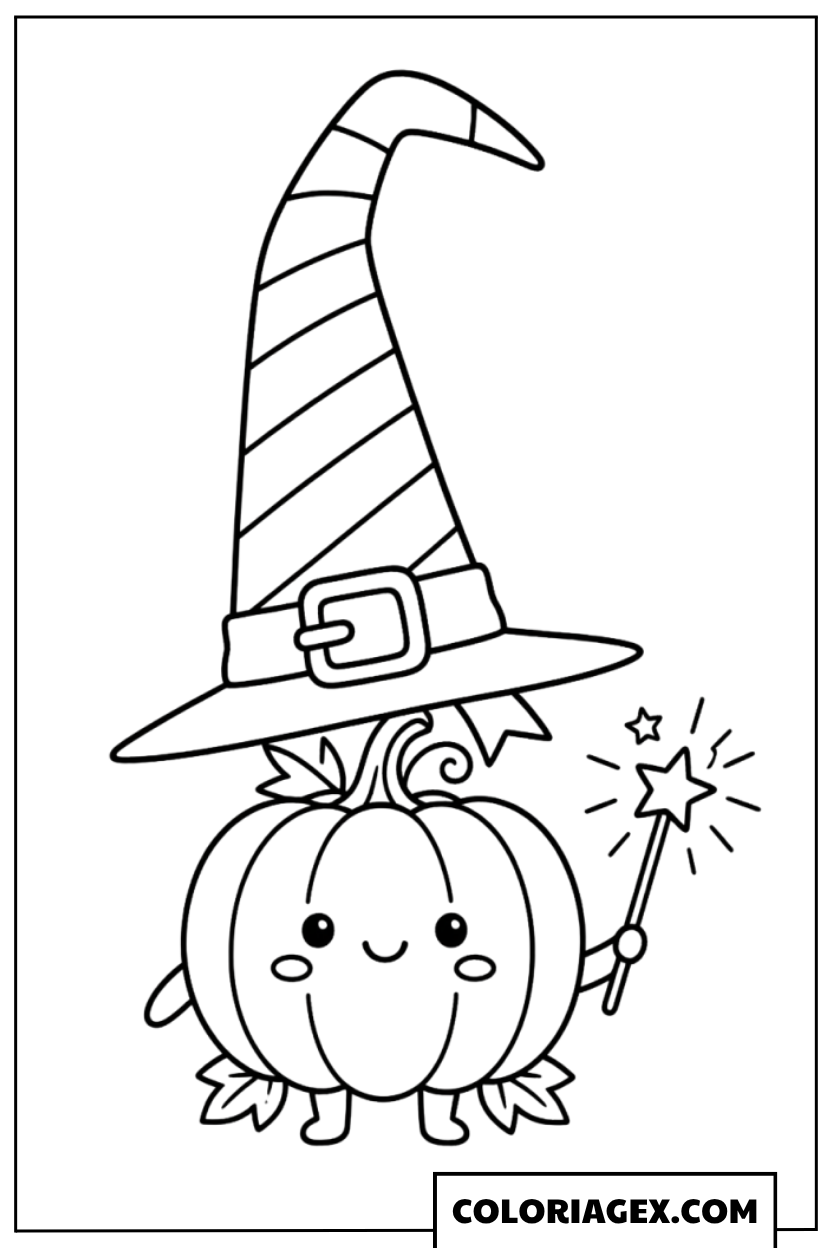 Coloriage Citrouille Sorcière avec Baguette