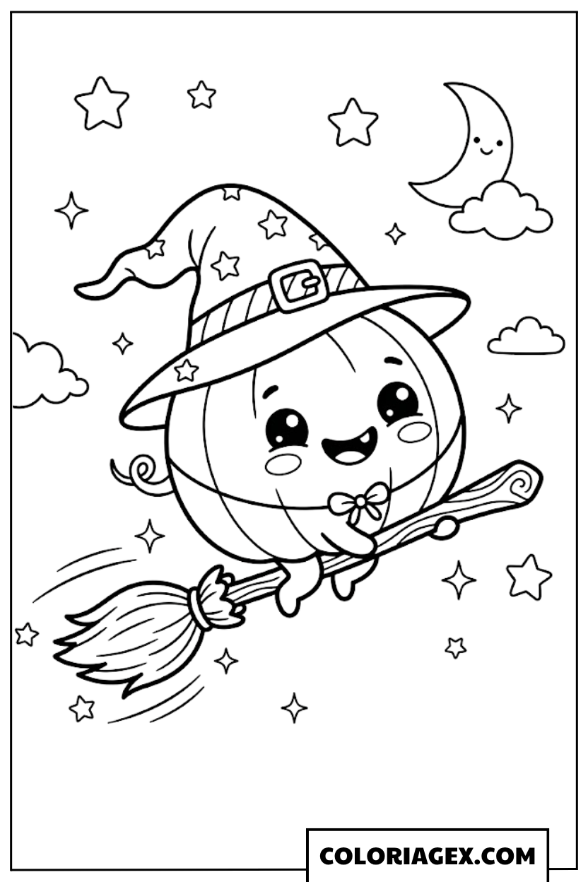 Coloriage Citrouille Sorcière sur Balai