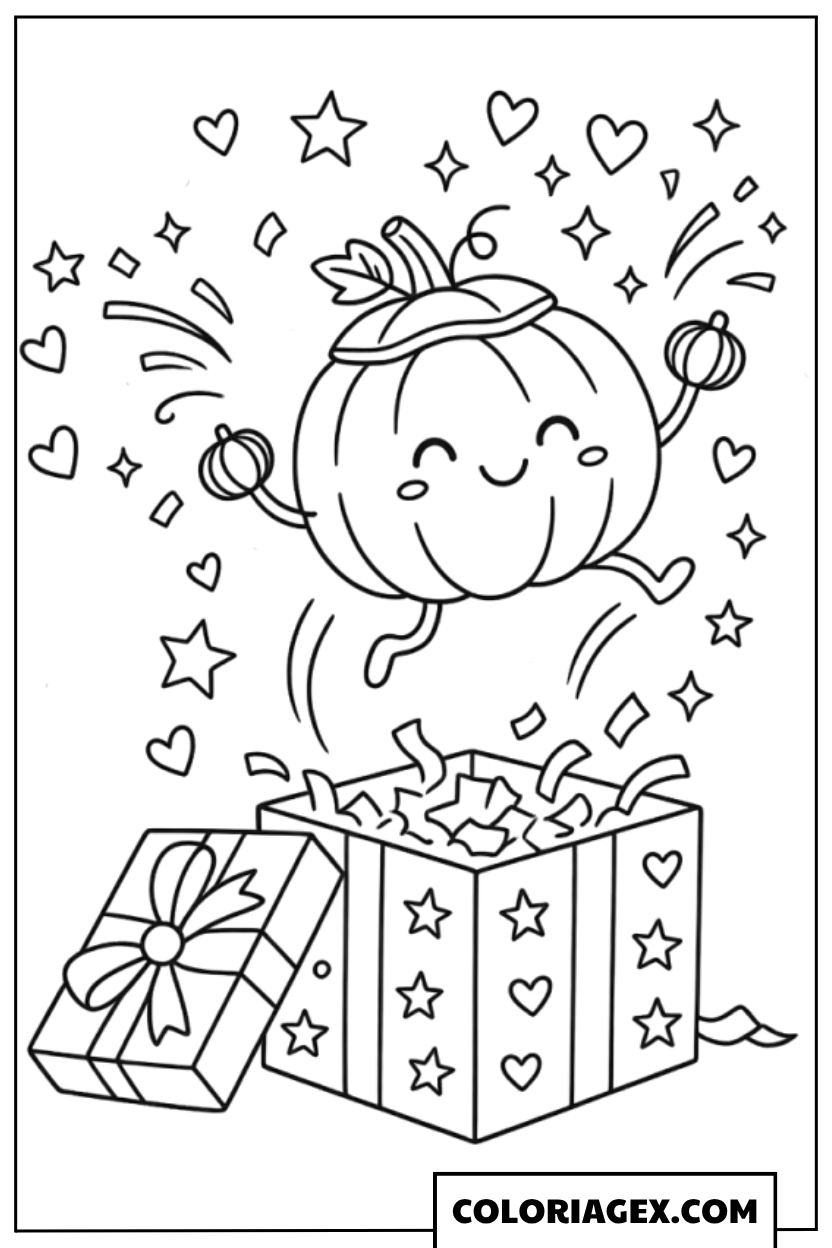 Coloriage Citrouille sortant d’un Cadeau
