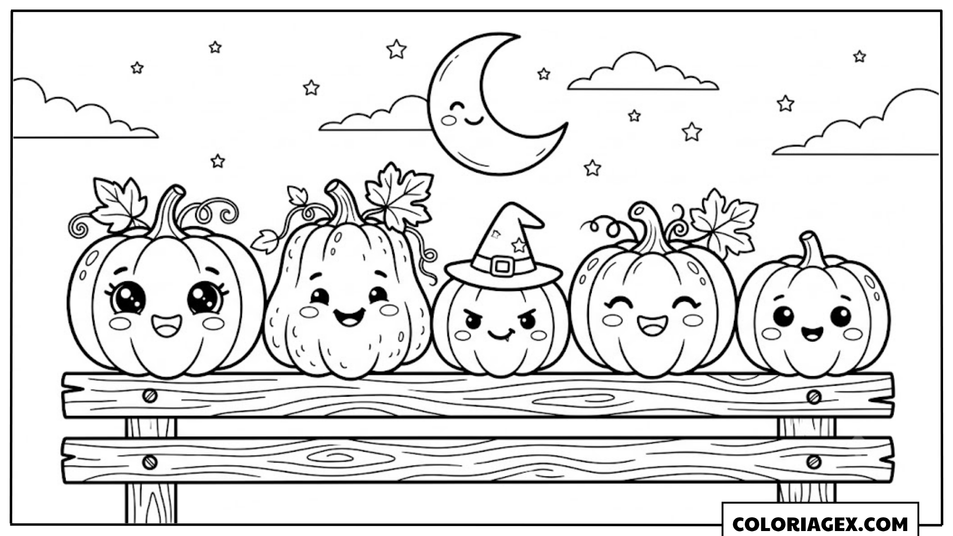 Coloriage Citrouilles sur un Banc