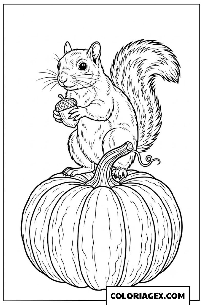Coloriage Écureuil sur Citrouille