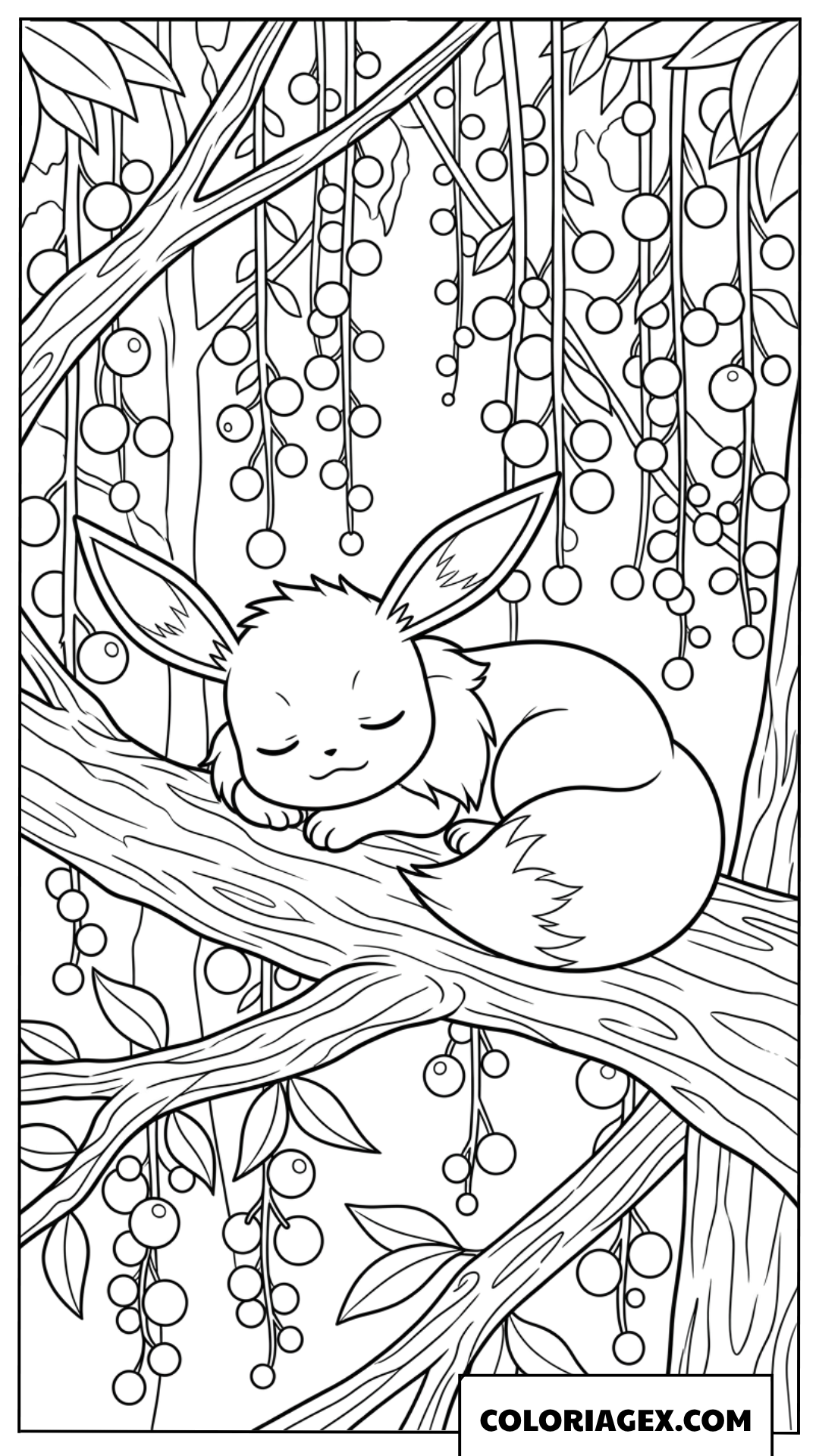 Coloriage Eevee qui dort paisiblement sur une branche