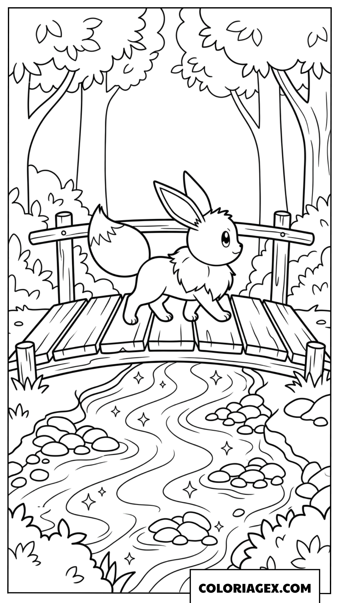 Coloriage Eevee traverse un petit pont en bois