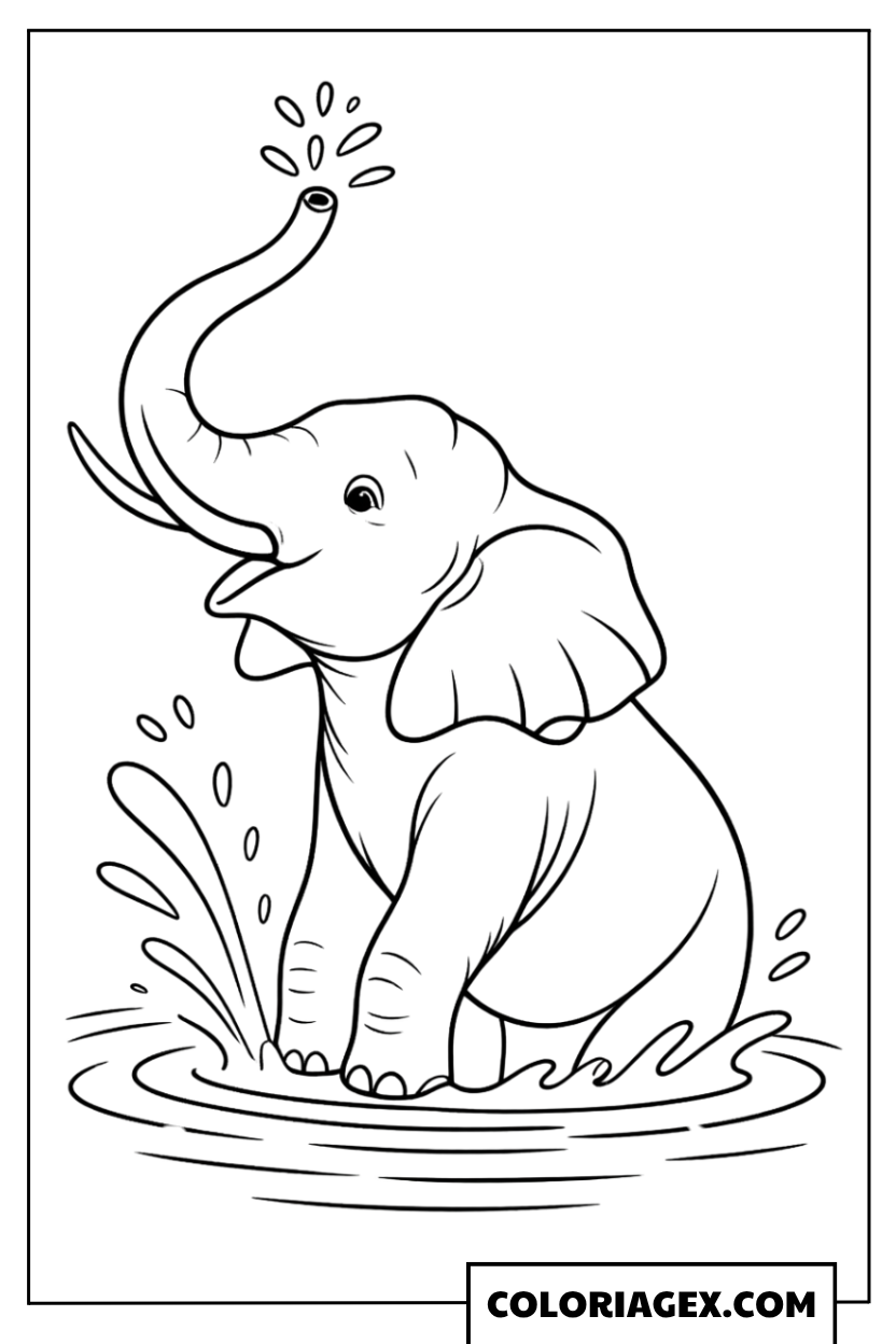 Coloriage Éléphant Jouant dans l’Eau