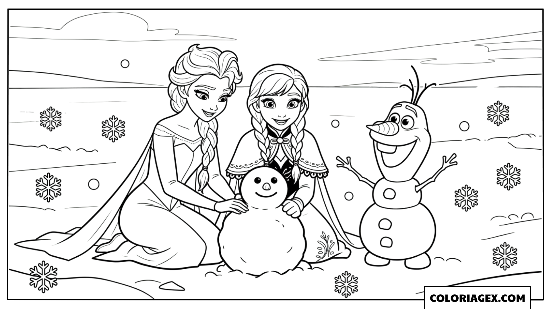 Coloriage Elsa, Anna et Olaf construisent un bonhomme de neige