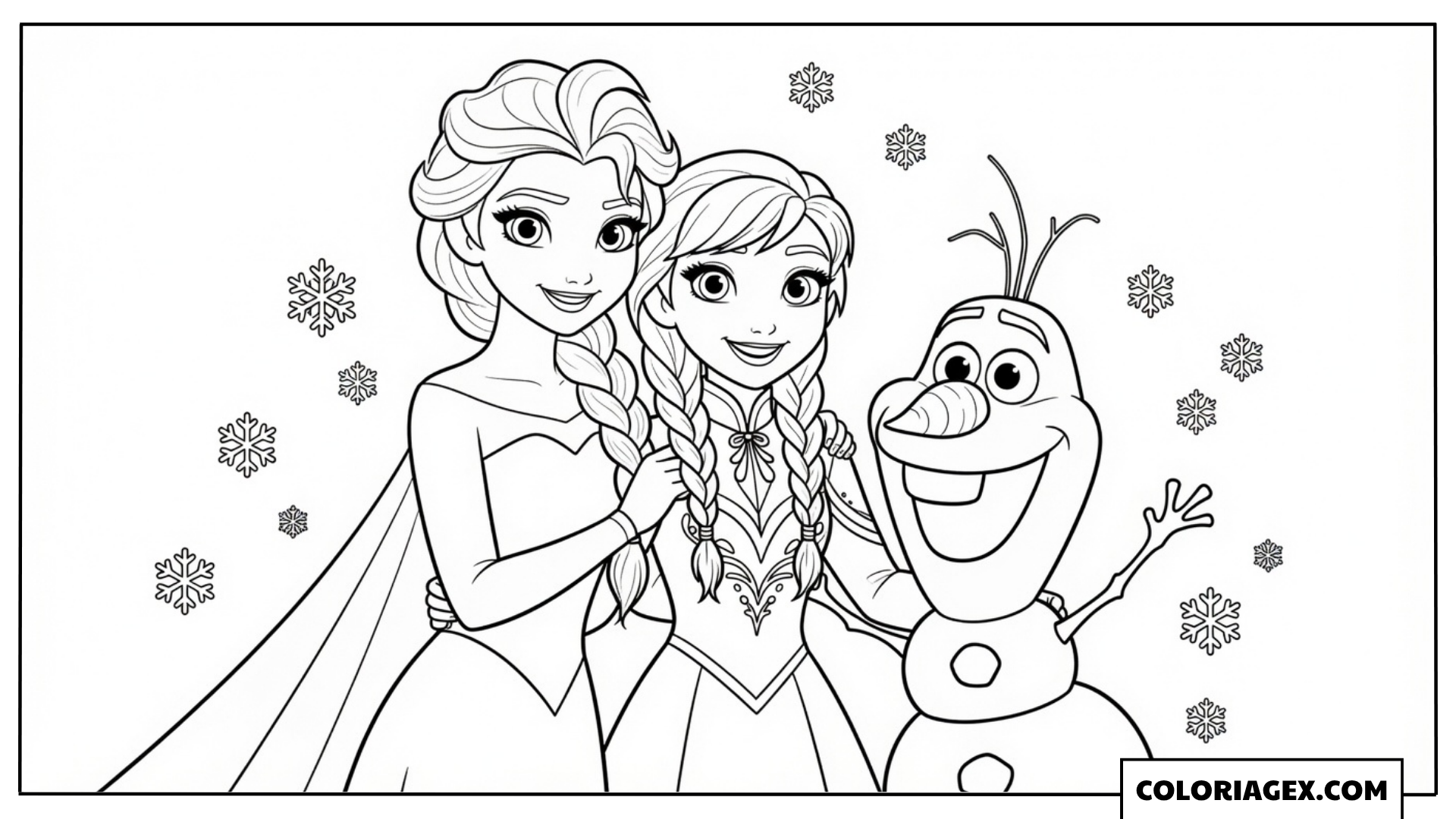 Coloriage Elsa, Anna et Olaf ensemble