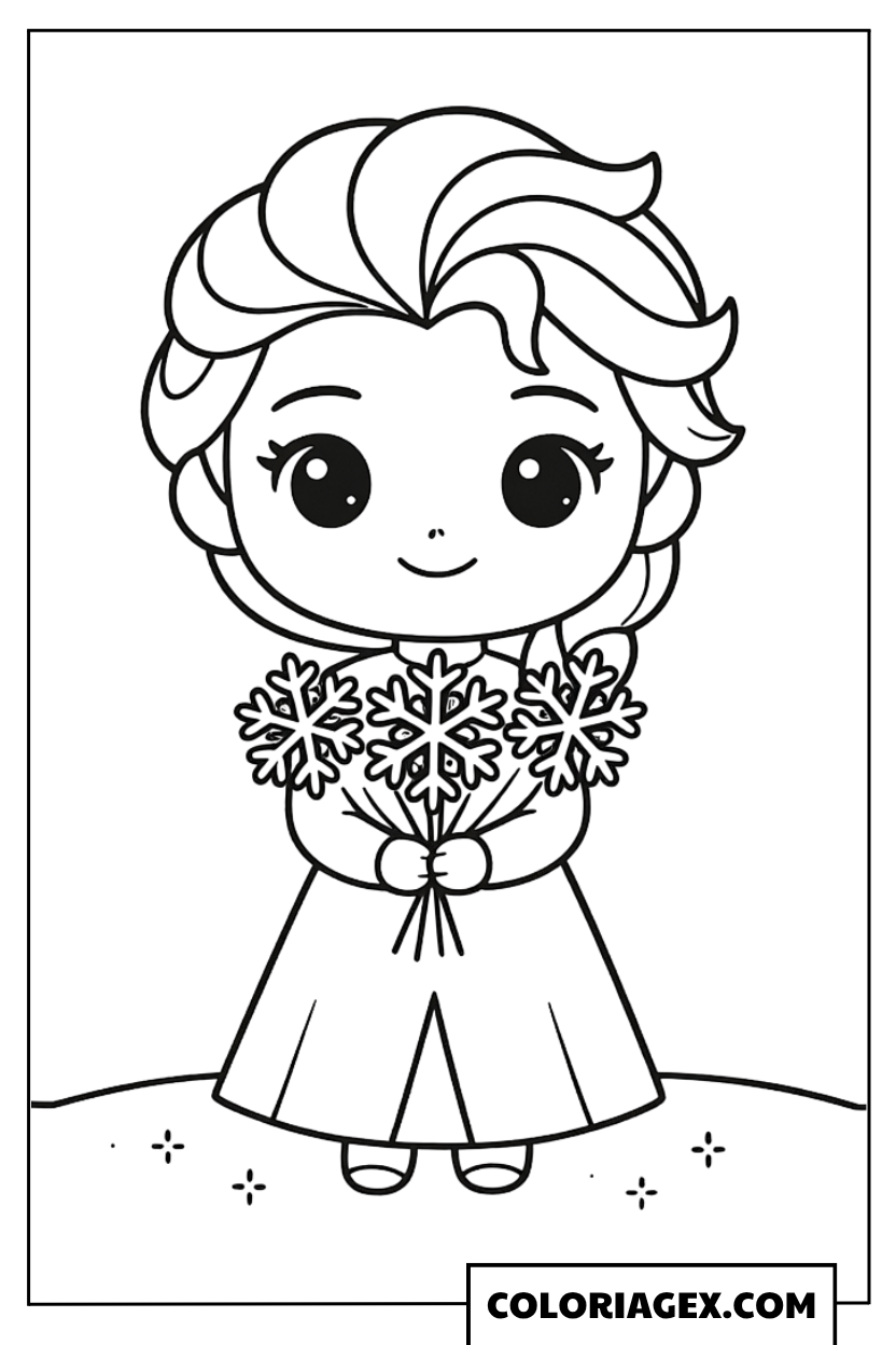 Coloriage Elsa Chibi et le bouquet de neige