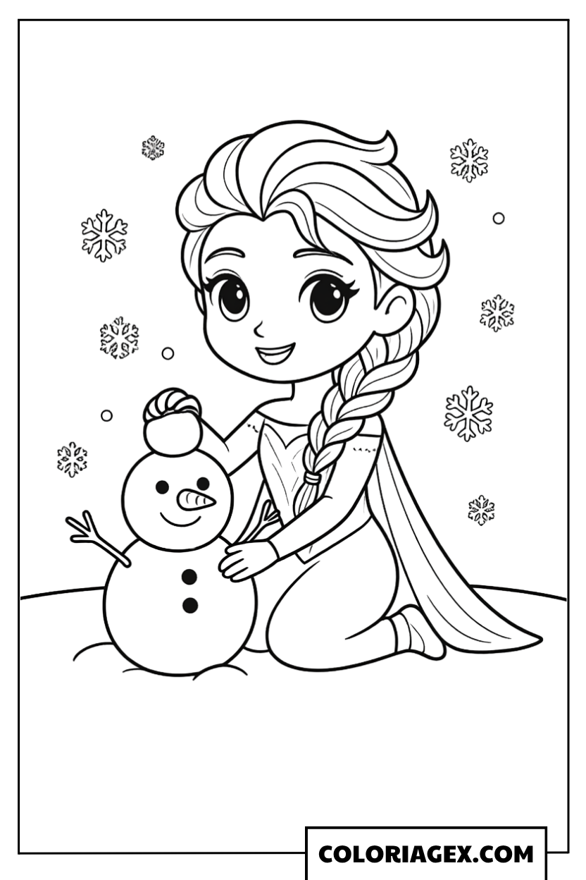 Coloriage Elsa Chibi et le petit bonhomme de neige