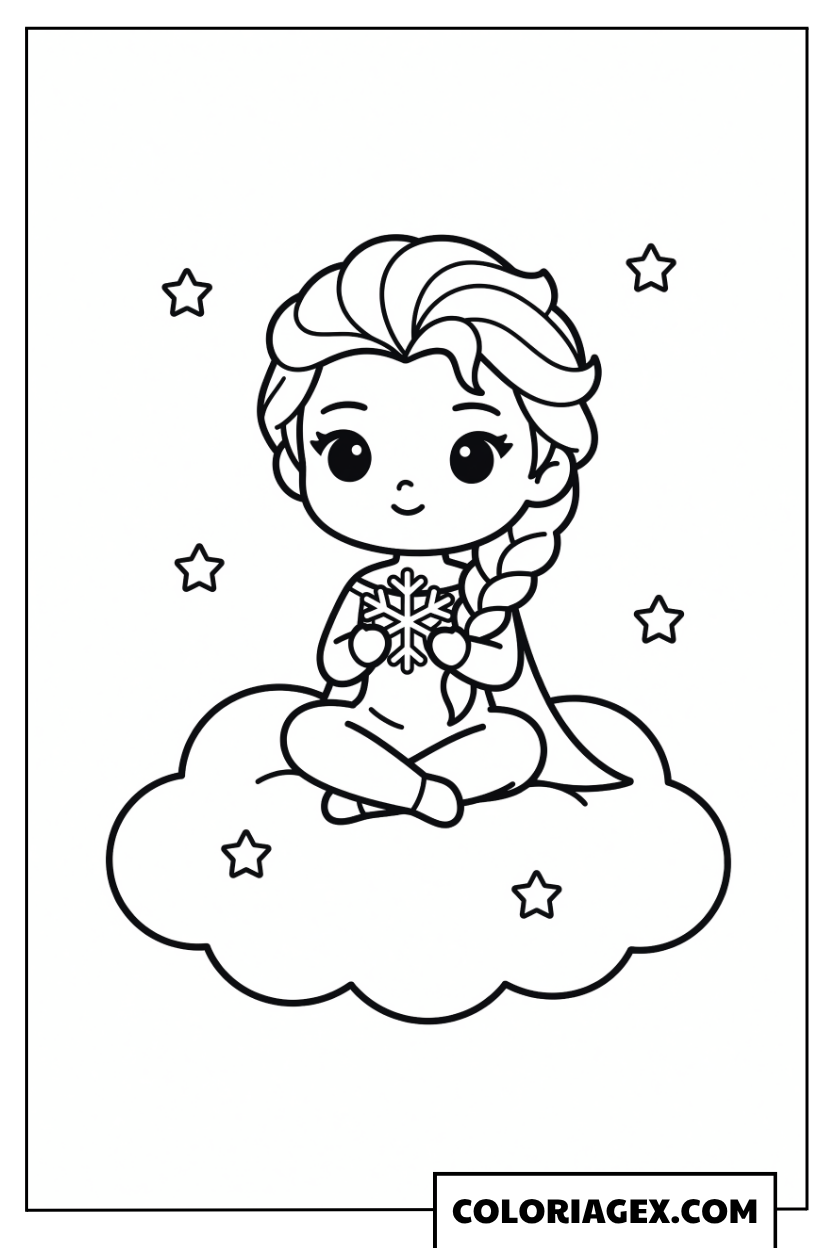 Coloriage Elsa Kawaii assise sur un nuage