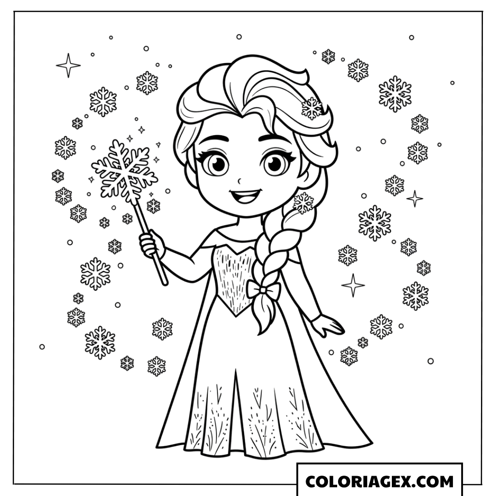 Coloriage Elsa avec une baguette magique en forme de flocon