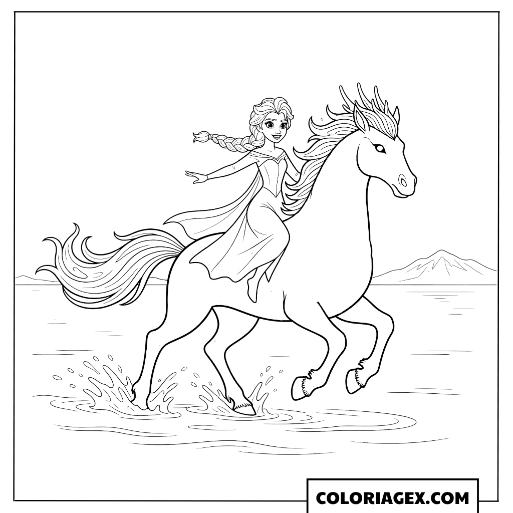 Coloriage Elsa chevauche le Nokk