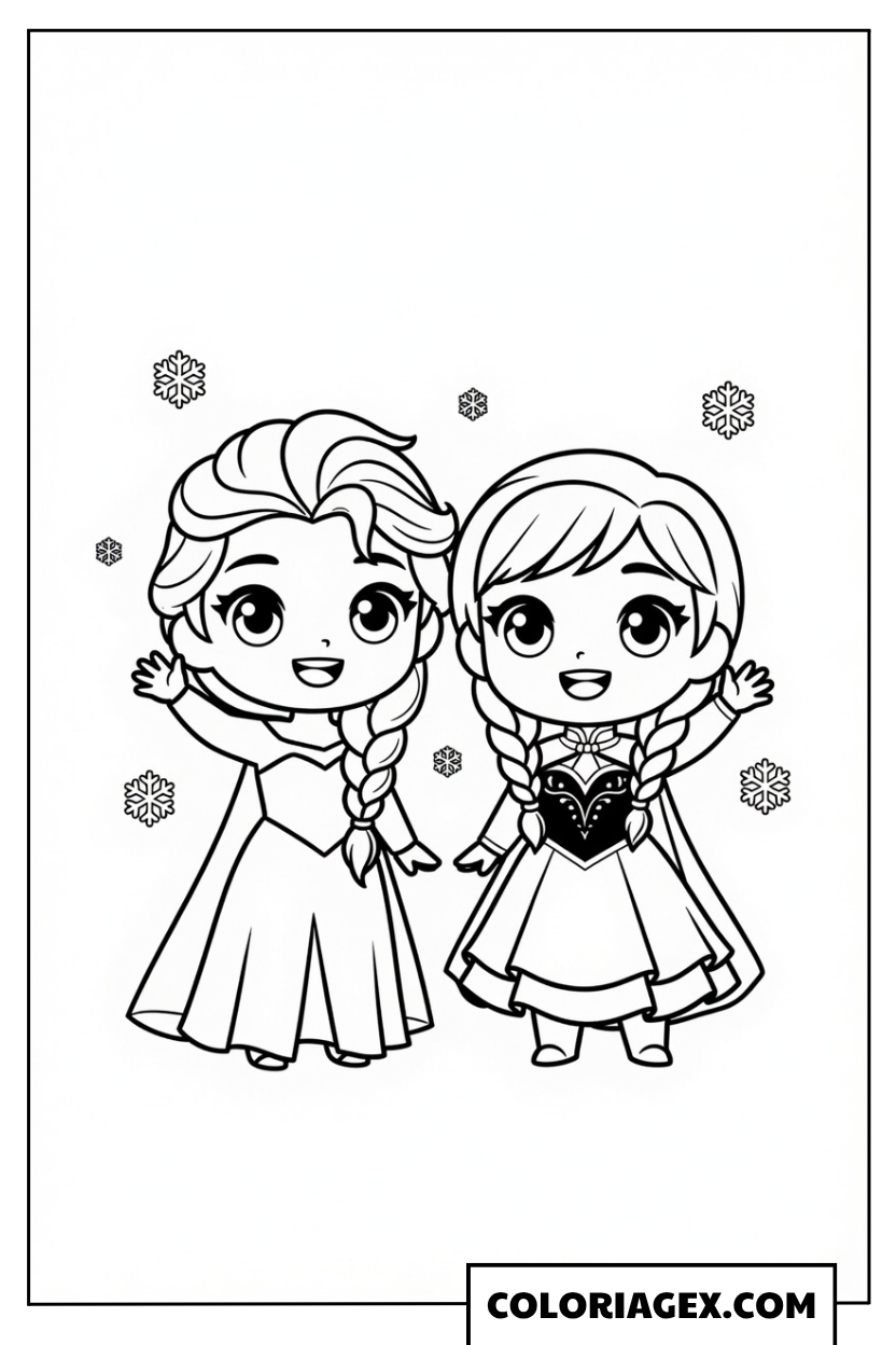 Coloriage Elsa et Anna chibi font coucou