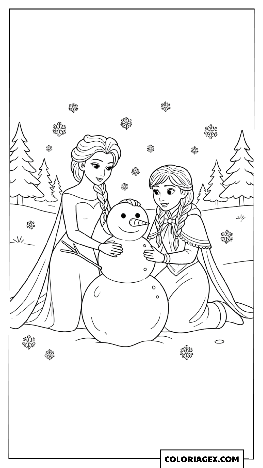 Coloriage Elsa et Anna construisent un bonhomme de neige