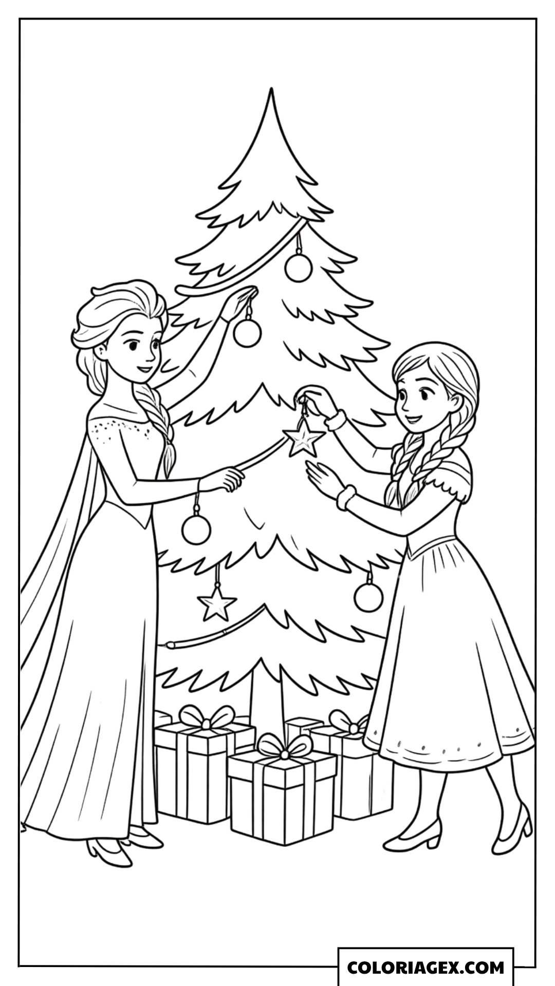 Coloriage Elsa et Anna décorent le sapin de Noël