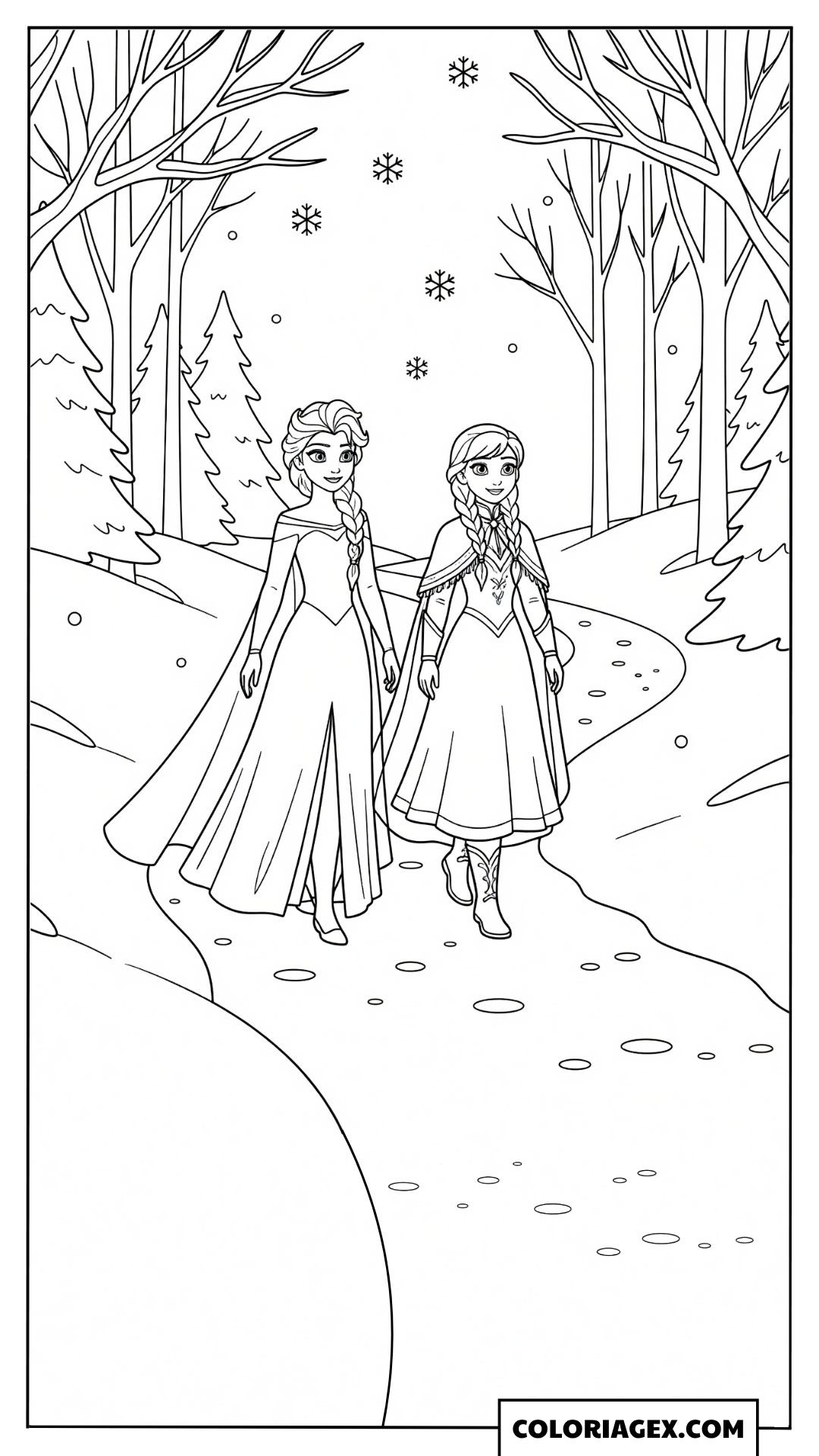Coloriage Elsa et Anna en promenade dans la forêt enneigée