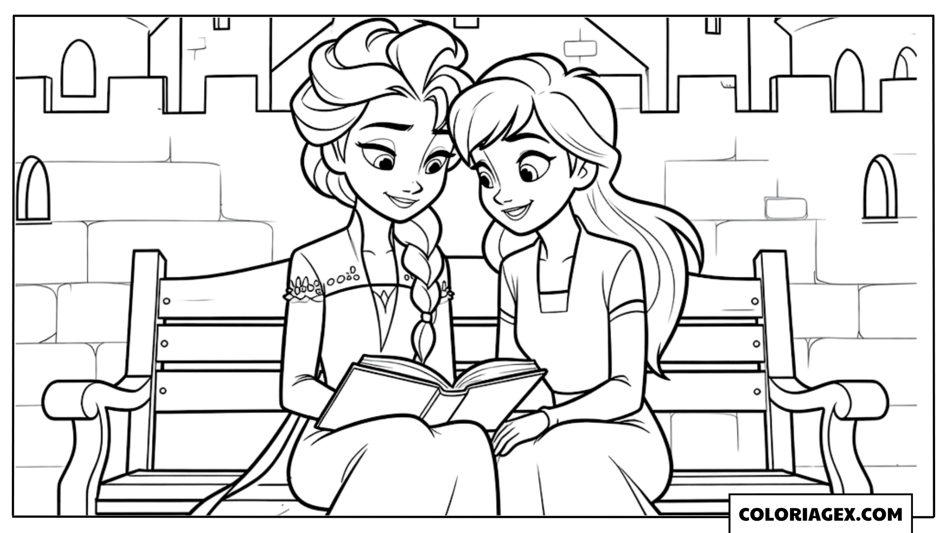 Coloriage Elsa et Anna lisent un livre ensemble