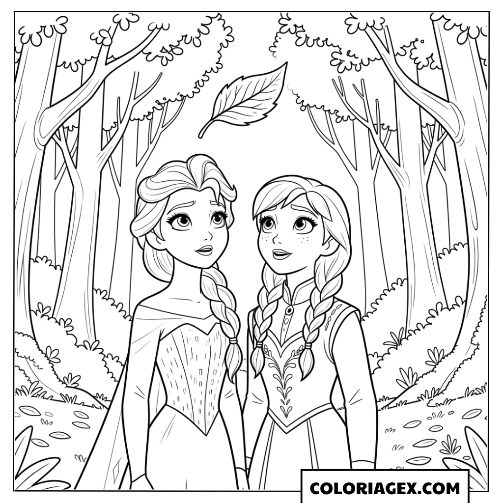 Coloriage Elsa et Anna observent une feuille flottante