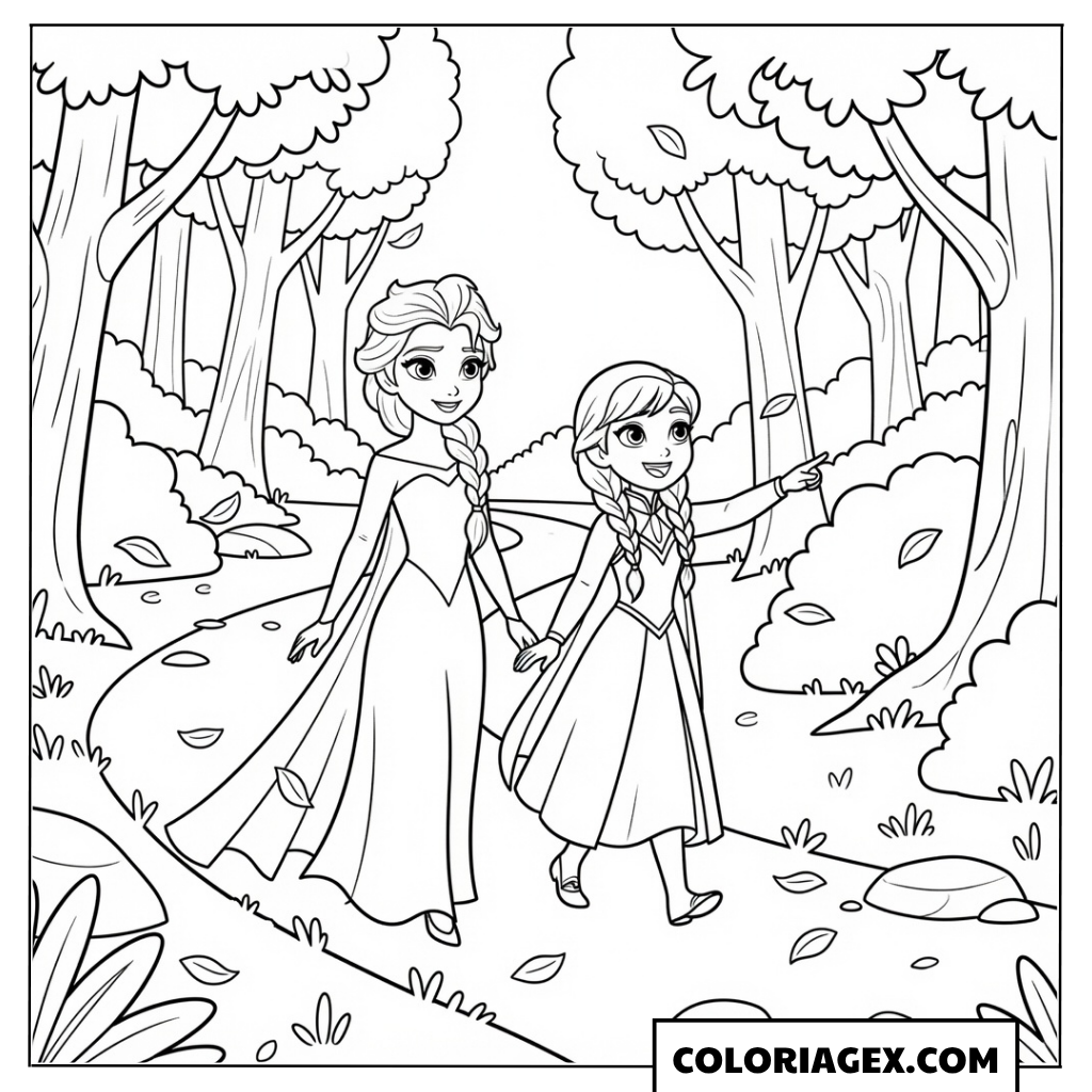 Coloriage Elsa et Anna se promènent dans la forêt