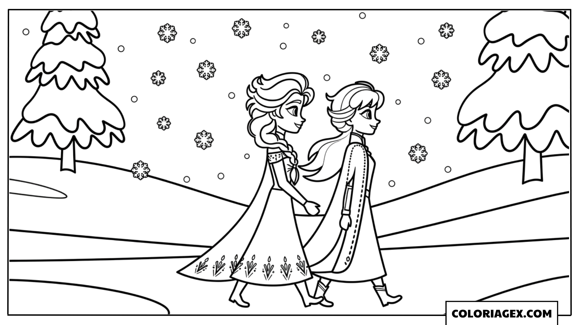 Coloriage Elsa et Anna se promènent dans la neige