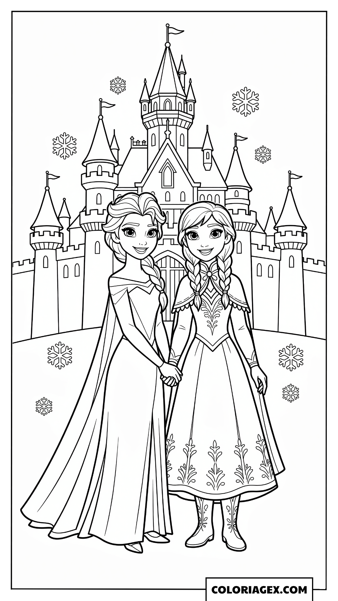 Coloriage Elsa et Anna se tenant la main devant le château