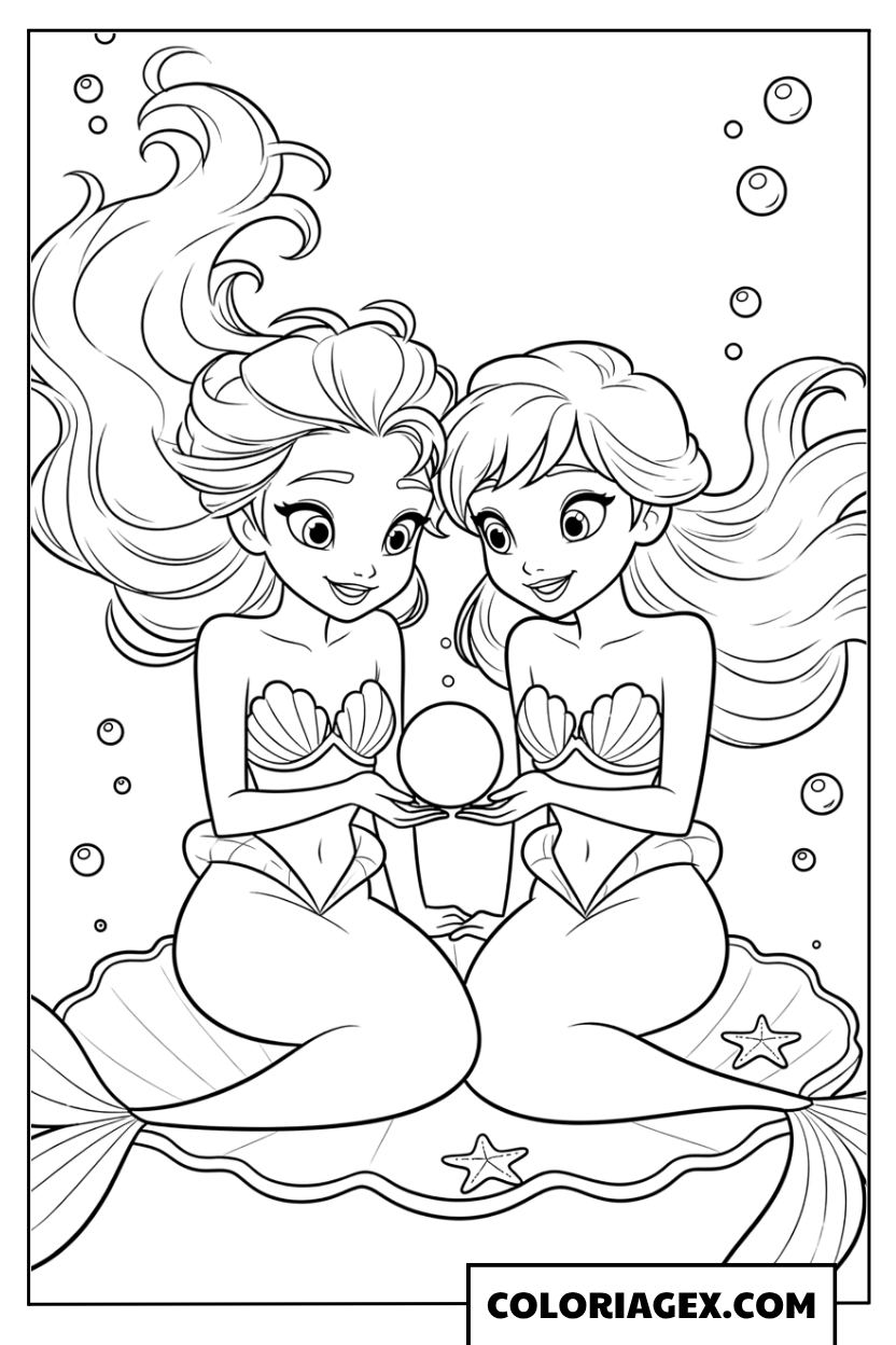 Coloriage Elsa et Anna sirènes admirent une perle magique
