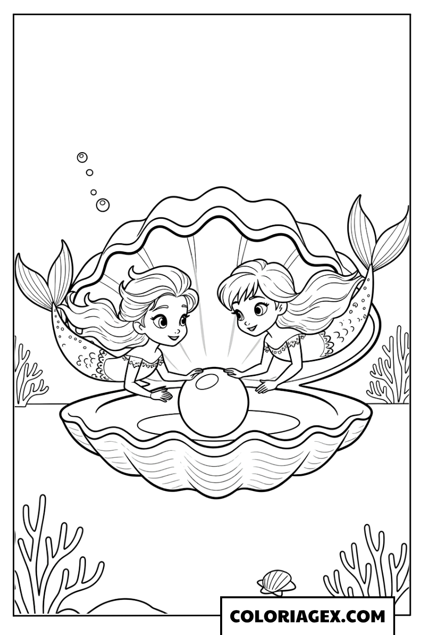 Coloriage Elsa et Anna sirènes dans un coquillage géant