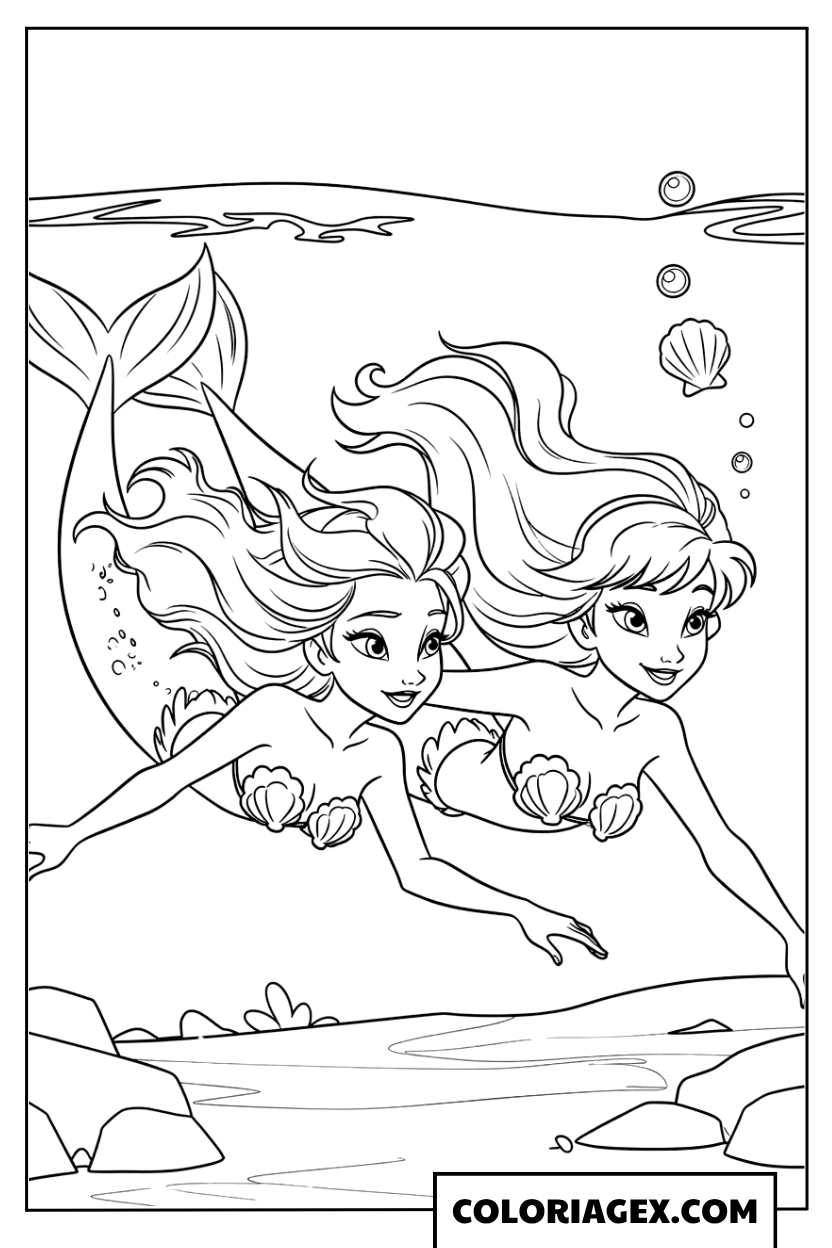 Coloriage Elsa et Anna sirènes nagent ensemble