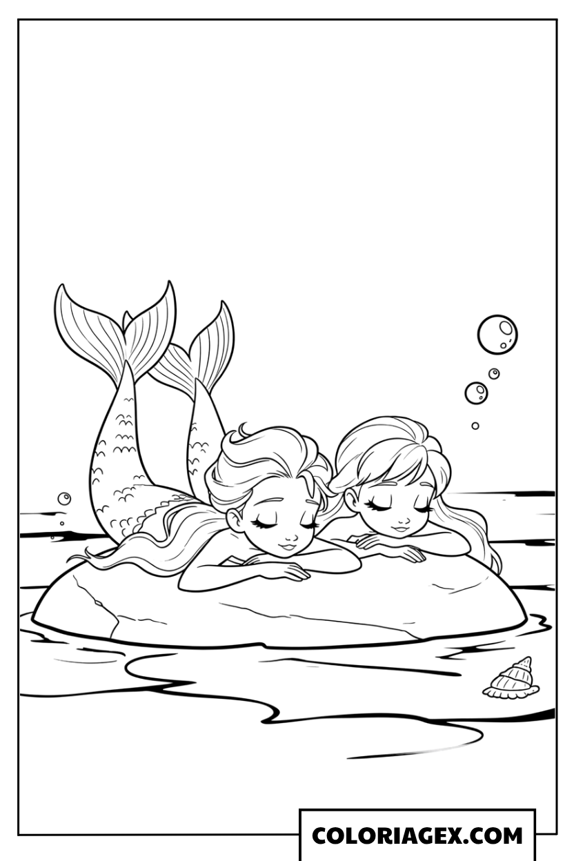 Coloriage Elsa et Anna sirènes se reposent sur un rocher