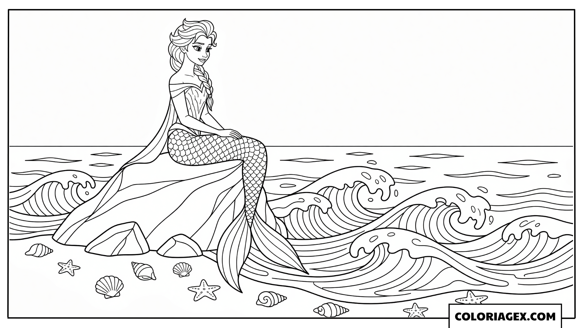 Coloriage Elsa sirène assise sur un rocher
