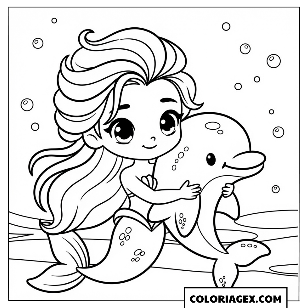 Coloriage Elsa sirène câline un petit dauphin