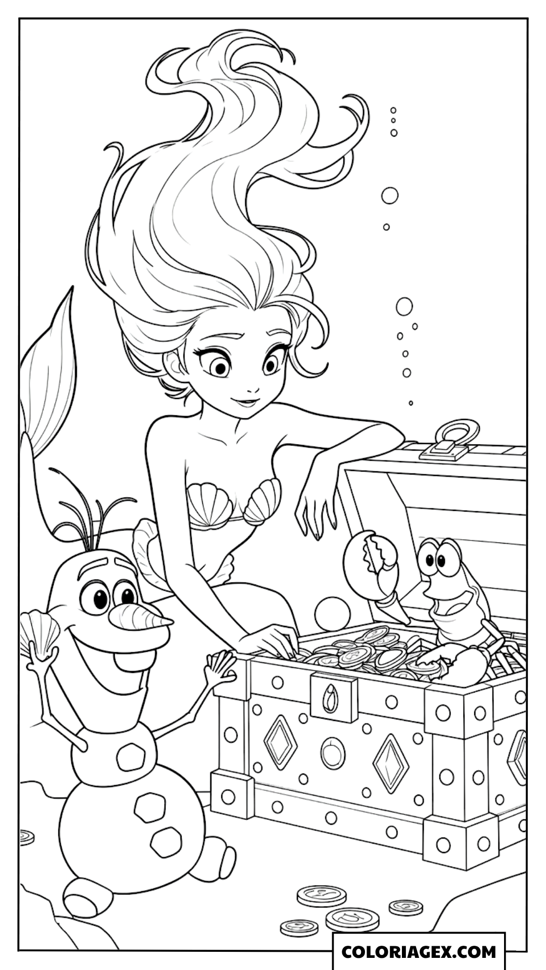 Coloriage Elsa sirène cherche un trésor avec Olaf