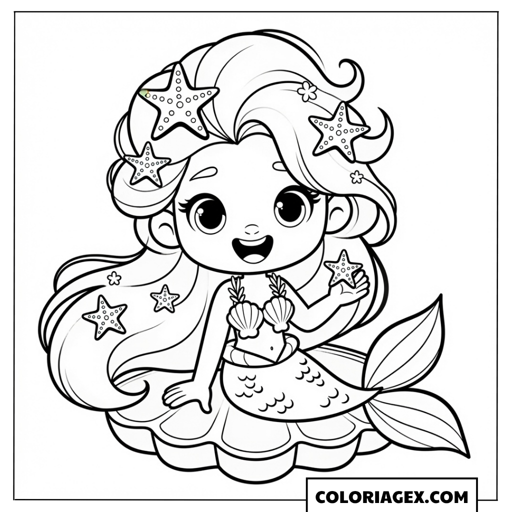 Coloriage Elsa sirène chibi avec des étoiles de mer