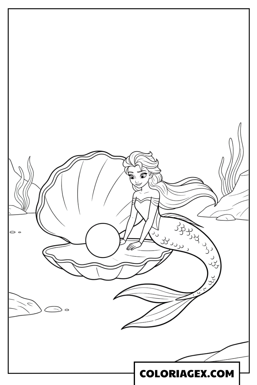 Coloriage Elsa sirène dans un coquillage géant