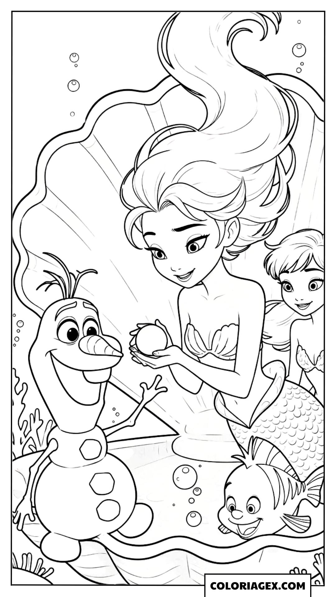 Coloriage Elsa sirène et Olaf explorent l’océan