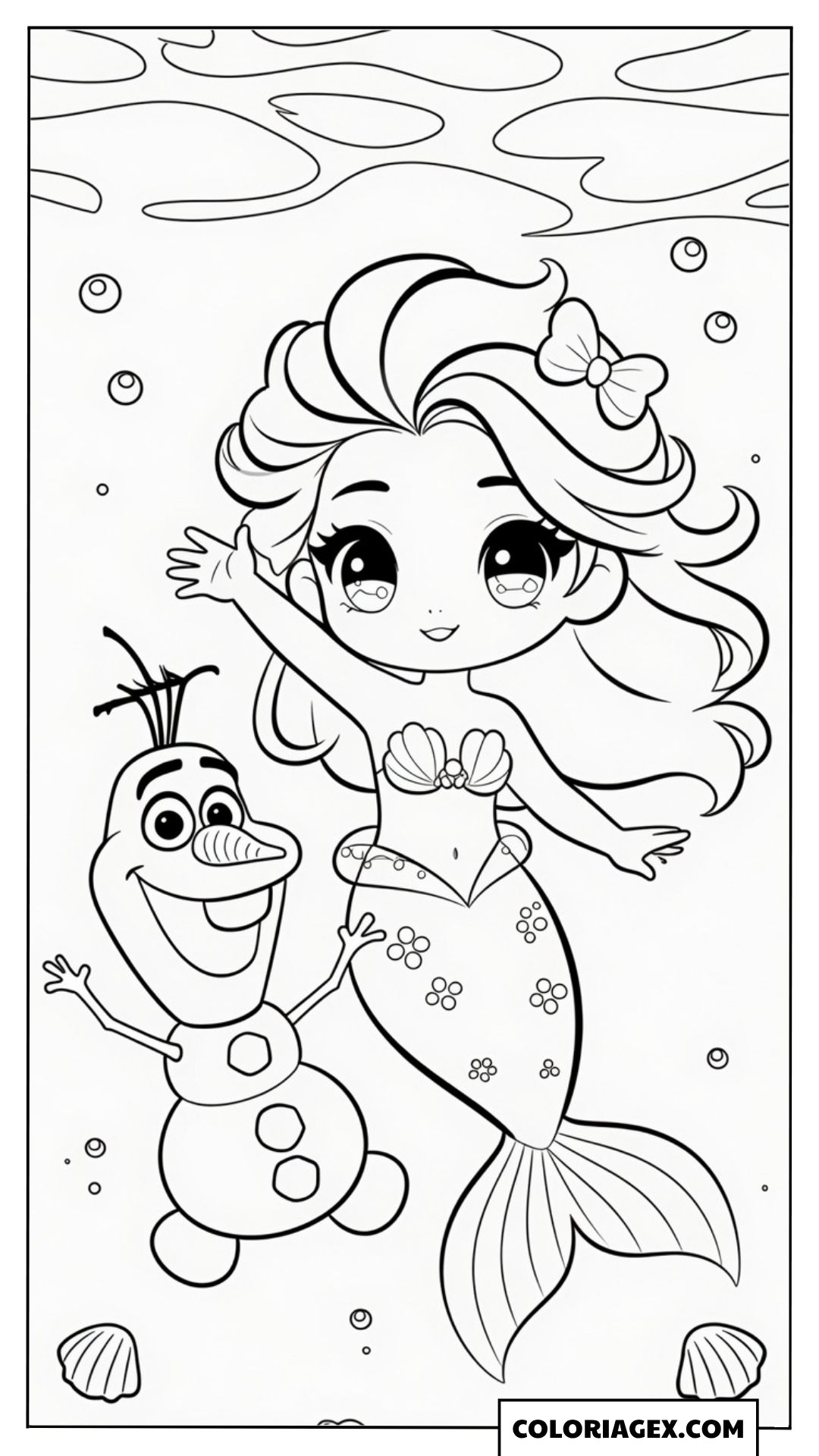 Coloriage Elsa sirène et Olaf inséparables