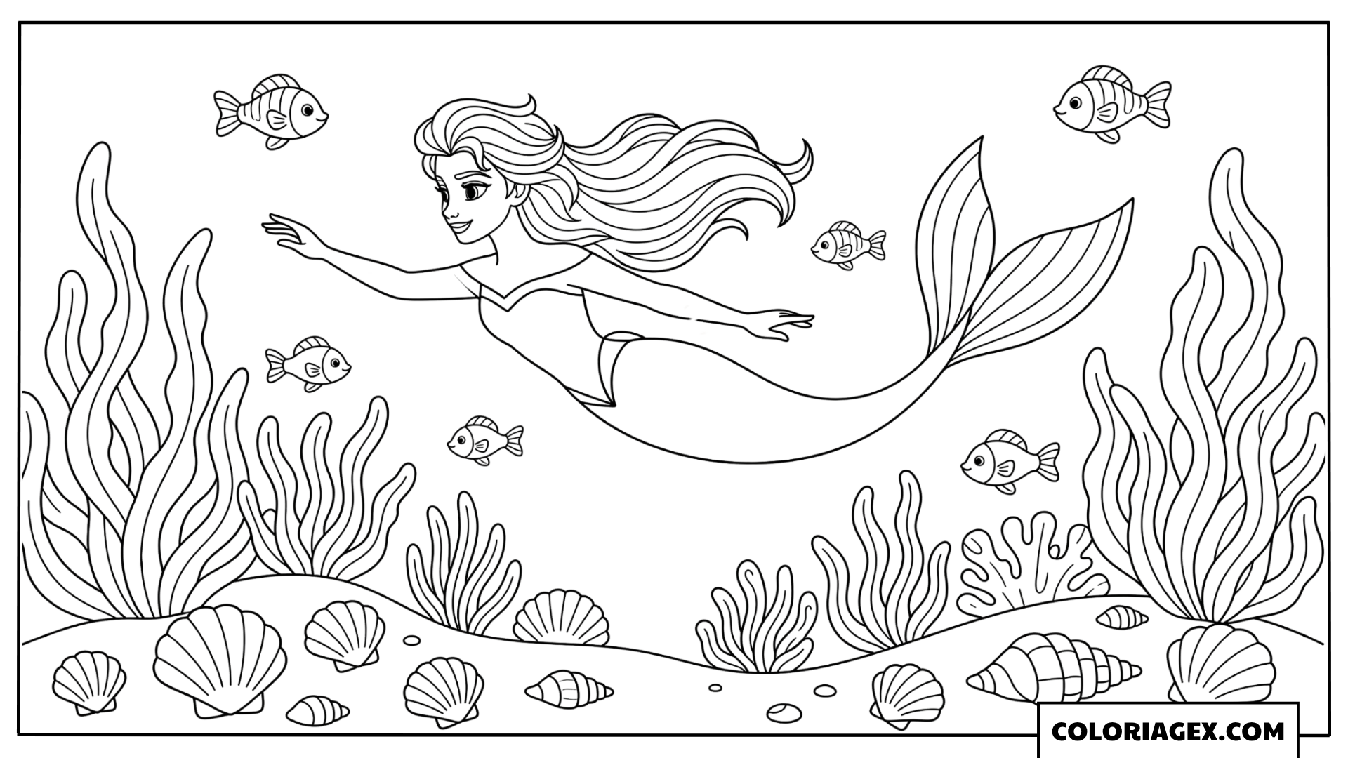 Coloriage Elsa sirène nage sous l’océan