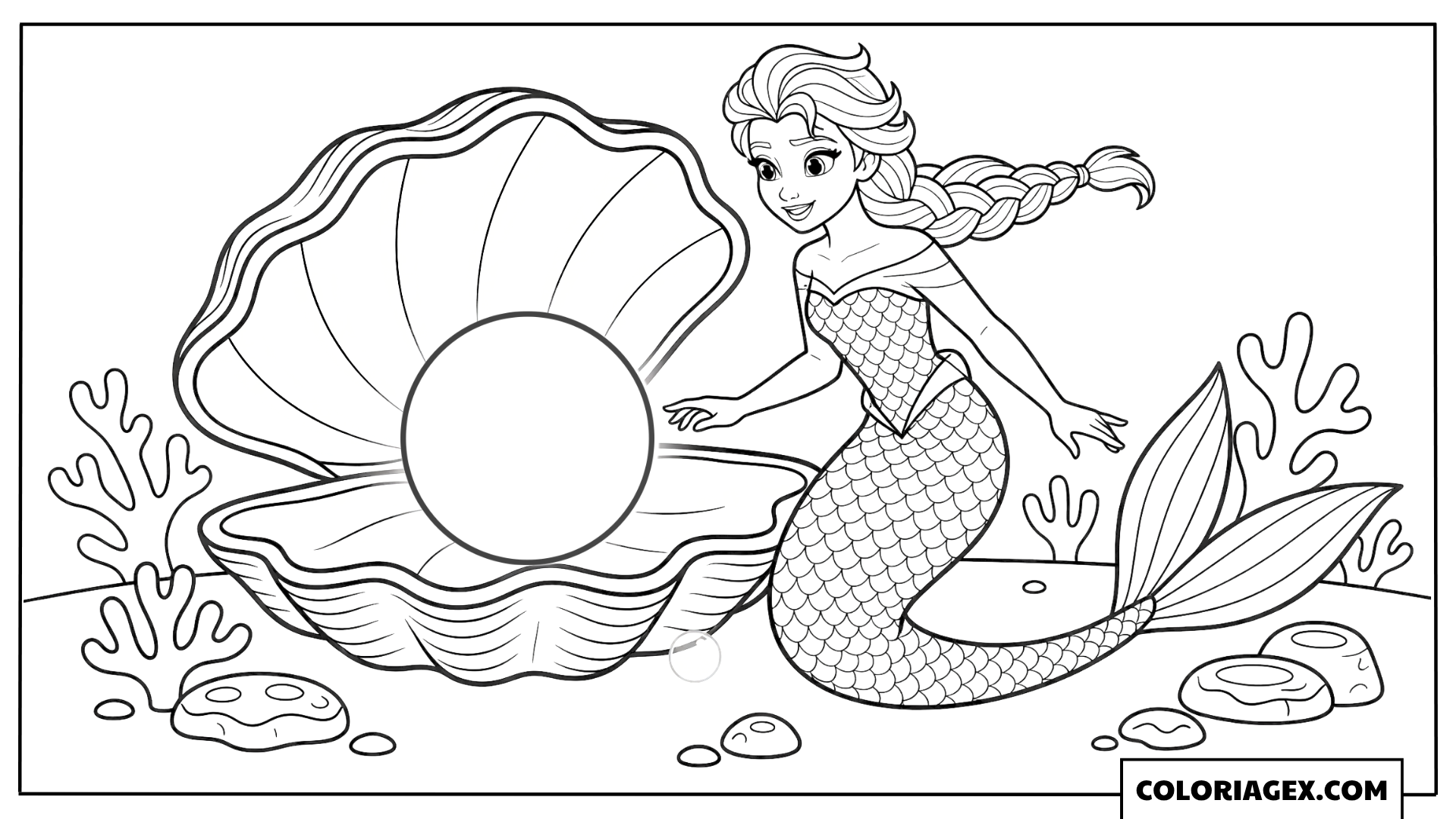 Coloriage Elsa sirène près d’un coquillage géant
