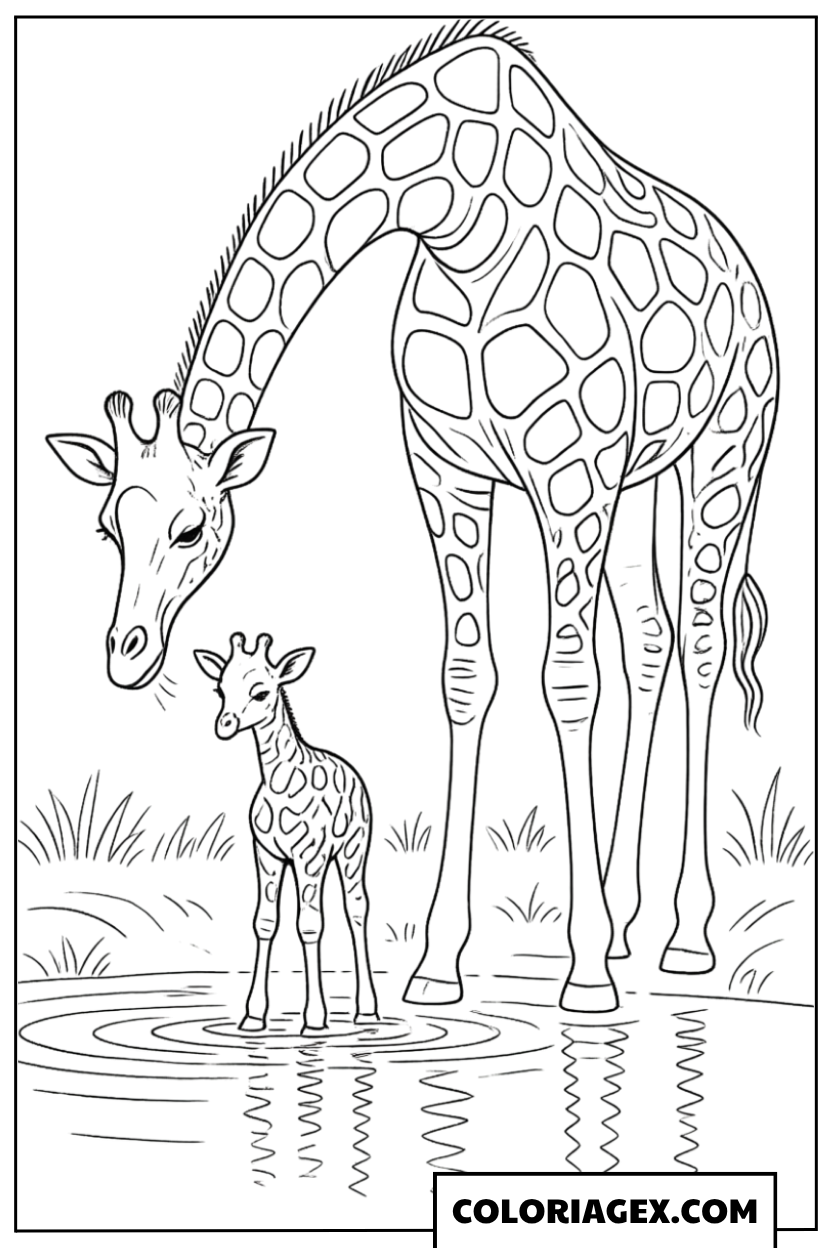 Coloriage Famille de girafes près de l’eau